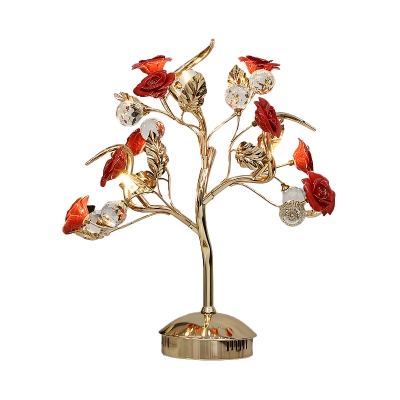 Iron Rose Night Lamp Pastoral 3 Lights Living Room Table Light with Crystal Orb in White/Red/Green