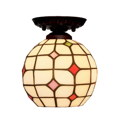 Jeweled Bell/Globe Flush Light Tiffany Gridded Glass 1 Bulb Beige Close to Ceiling Lamp
