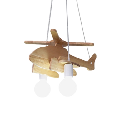Kids Aircraft Wooden Chandelier 2-Light Suspended Lighting Fixture with Bare Bulb Design, White/Green
