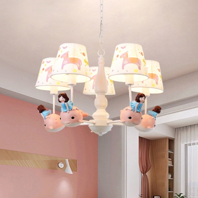 Little Girl and Fish/Carousel Chandelier Cartoon Resin 5 Lights Nursery Ceiling Pendant with Cone Fabric Shade in White