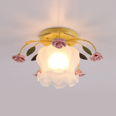 Milky Glass Scalloped Semi Flush Romantic Pastoral 1 Light Bedroom Flush Mount in Yellow/White and Pink