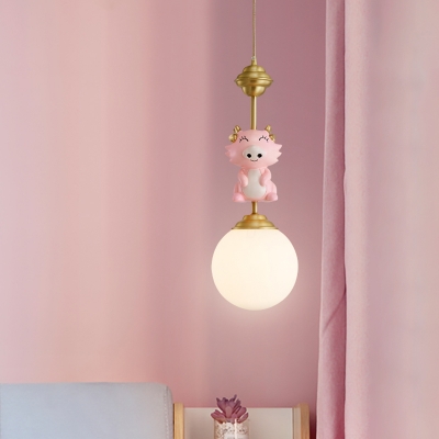 Minimalist Ball Pendant Lighting Milk Glass 1 Bulb Bedroom Hanging Lamp with Chick/Pig/Snake Top in Gold