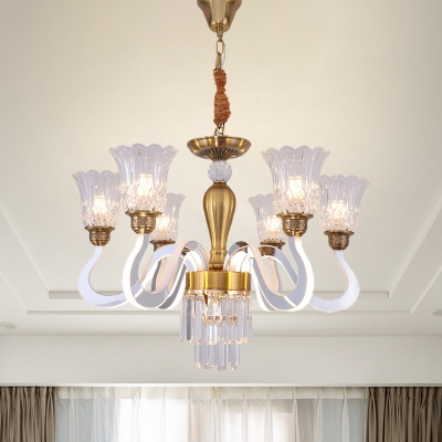 Modern Scalloped Chandelier 6 Lights Clear Crystal Suspension Lighting with Glow Curved Arm