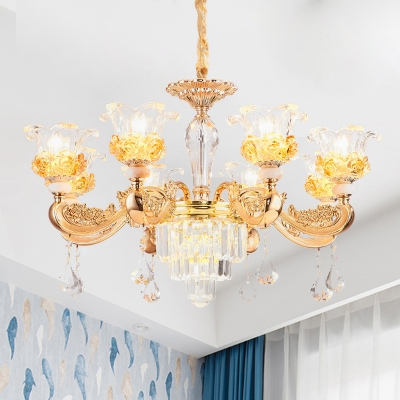 Nordic Style Flower Up Hanging Lighting 8-Light Faceted Crystal Chandelier Pendant Lamp in Gold