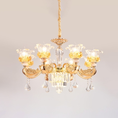 Nordic Style Flower Up Hanging Lighting 8-Light Faceted Crystal Chandelier Pendant Lamp in Gold