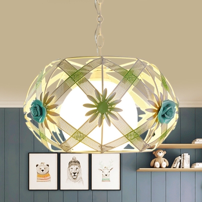 Orb Cream Glass Pendant Lamp Korean Flower 1 Head Living Room Hanging Light with Cage in Pink/Blue