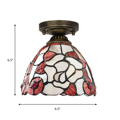 Peony/Rose/Floral-Edge Bell Flush Mount Single Bulb Shell Tiffany Ceiling Lighting Fixture in Beige/Pink/Red and White