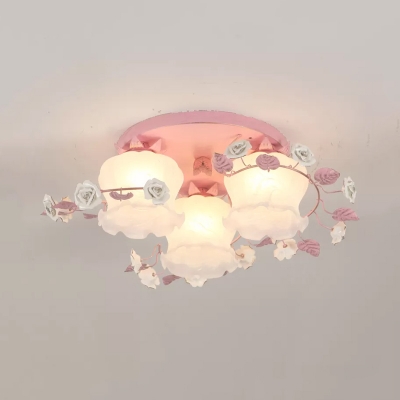 Pink/Blue 3/5 Bulbs Flushmount Korean Flower Cream Glass Scalloped Semi Flush Mount Light Fixture