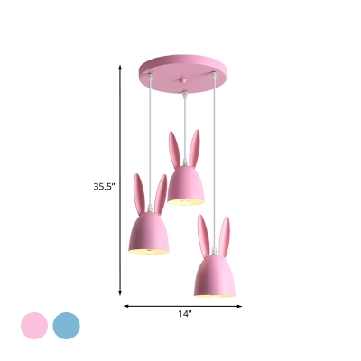 Rabbit Kids Room Cluster Pendant Iron 3 Heads Cartoon Hanging Ceiling Light in Pink/Blue