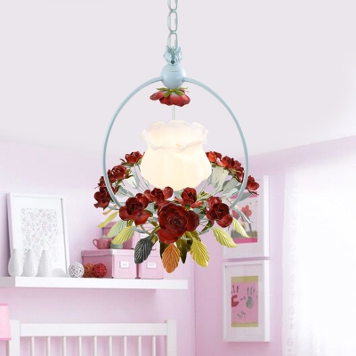 Red 1 Light Hanging Lamp Pastoral Milk Glass Scalloped Pendant with Flower and Leaf Decor