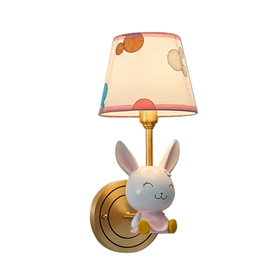 Resin Smiling Rabbit Wall Light Fixture Cartoon 1 Head Gold-White Sconce Lamp with Cone Fabric Shade