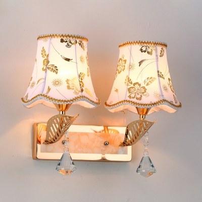 Simple Scalloped Wall Sconce 2 Heads Fabric Wall Light in Gold with Dangling Crystal