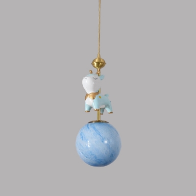 Spherical White Glass Pendant Lamp Nordic 1 Bulb Blue/Blue and White/Pink and White Hanging Light Fixture with Deer Decoration