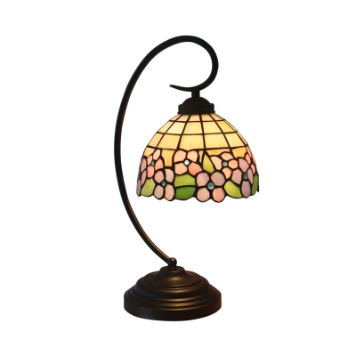 Stained Art Glass Pink/Blue Desk Lamp Dome Shade 1-Head Victorian Bloom Patterned Table Light with Dark Coffee Swirl Arm