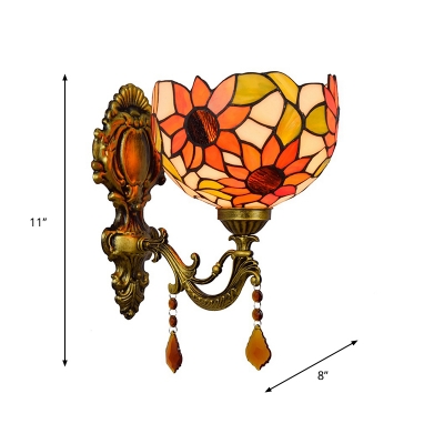 Sunflower Hand-Cut Stained Glass Sconce Tiffany 1 Bulb Brass Wall Mount Light Fixture