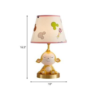 Tapered Night Table Light Cartoon Fabric 1-Head Gold Nightstand Lamp with Resin Monkey
