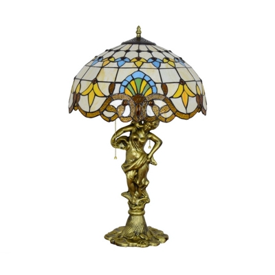 Tiffany Domed Night Table Lighting 3 Heads Stained Glass Woman Desk Lamp in Beige/Blue and White/Blue and Brown with Pull Chain