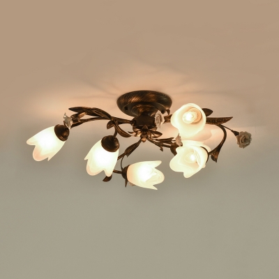 Twisted Bedroom Semi Flush Light Pastoral Cream Glass 4/6/8 Bulbs Bronze Flush Mount Lighting