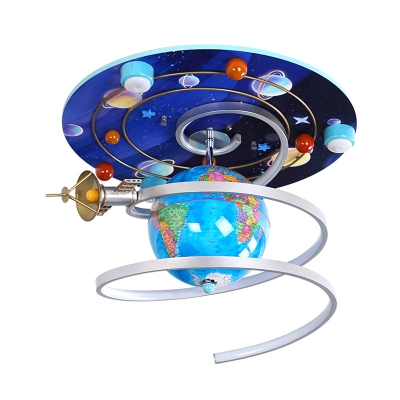 Wood World Globe Flush Ceiling Light Kid Blue Rotatable LED Flushmount Lighting with Spiral Strip