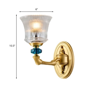 1 Light Clear Ribbed Glass Wall Light Fixture Retro Gold Flared Wall Lamp with Angled Arm