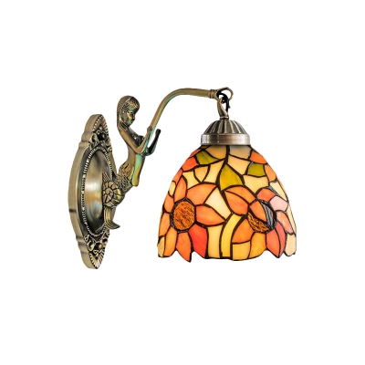 1 Light Sunflower/Peony Wall Lamp Tiffany Beige/Orange Stained Art Glass Wall Sconce Light for Living Room