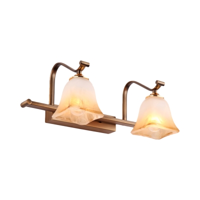 2/3-Head Vanity Lighting Fixture Country Paneled Bell Amber Glass Wall Sconce in White with Curved Arm