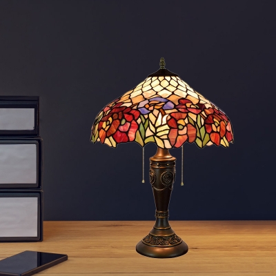2-Bulb Night Light Tiffany Bouquet Patterned Hand Cut Glass Table Lamp in Bronze with Pull Chain