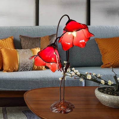 2-Head Lotus Night Lamp Tiffany Beige/Red/Pink Glass Table Lighting with Drooping Arm for Bedroom