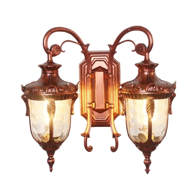 2-Light Aluminum Wall Mount Lamp Vintage Copper/Black and Gold Curving Outdoor Sconce with Urn Clear Honeycomb Glass Shade