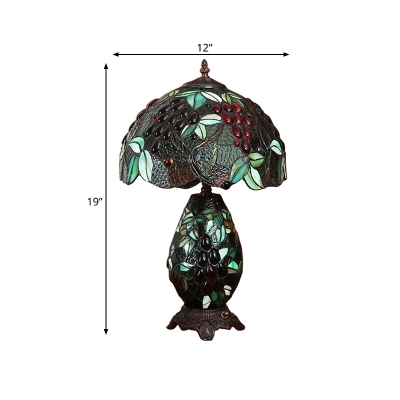 2 Lights Night Light Tiffany Domed Cut Glass Fruits Patterned Nightstand Lighting in Blackish Green with Vase Base
