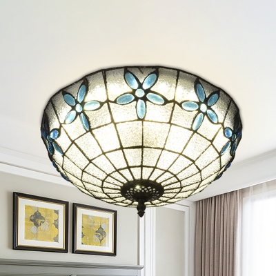 3-Light Flushmount Ceiling Lamp Baroque Gridded Dome Clear/Textured White/Royal Blue-White Glass Flush Mount Fixture