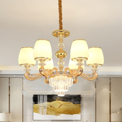 

3-Tier Crystal Chandelier Modernist 6-Light Hotel Ceiling Suspension Lamp with Bell Opal Glass Shade in Gold, HL625982