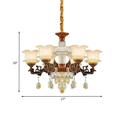 6-Bulb Flower Chandelier Light Mid-Century Brown Frosted Glass Pendant with Crystal Accent