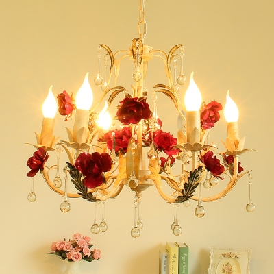 6 Heads Rose-Detail Candle Chandelier Rustic Beige Iron Hanging Lamp with Crystal Drips