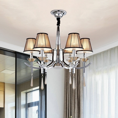 6-Light Pendant Chandelier Modern Dining Room Ceiling Hanging Light with Cone Fabric Shade in Chrome