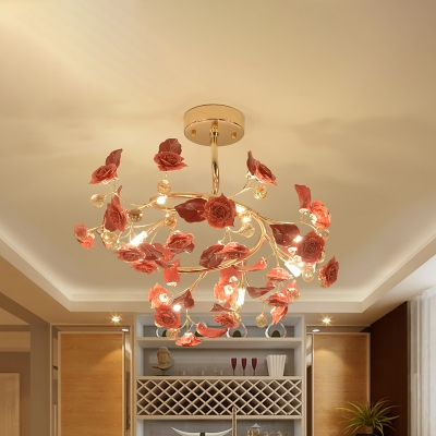7-Head Ceramic Ceiling Mount Chandelier Romantic Modern Red Rose Blossom Semi Flush Light Fixture with Crystal Accent