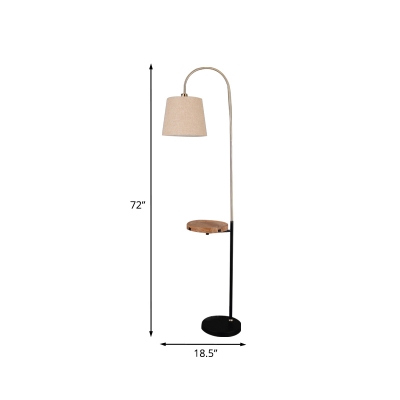 Barrel Shade Parlor Floor Lamp Fabric 1 Head Modern Style Standing Light in Flaxen with Side Table and Gooseneck Arm