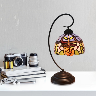 Beige/Blue Domed Desk Lamp Tiffany 1 Head Stained Art Glass Table Light with Floral and Dragonfly Pattern