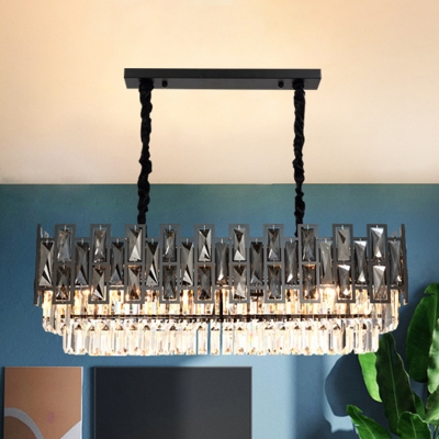 Black 3-Tier Rectangular Suspension Light Modernist Faceted Crystal 8 Lights Dining Room Island Pendant Lamp