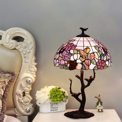 Bowl Night Lighting 1 Light Mediterranean Stained Art Glass Table Lamp in Coffee with Blossom Pattern