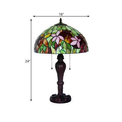 Bronze Finish Bowl Night Lighting Victorian 2-Light Stained Art Glass Clematis Patterned Nightstand Lamp with Pull Chain