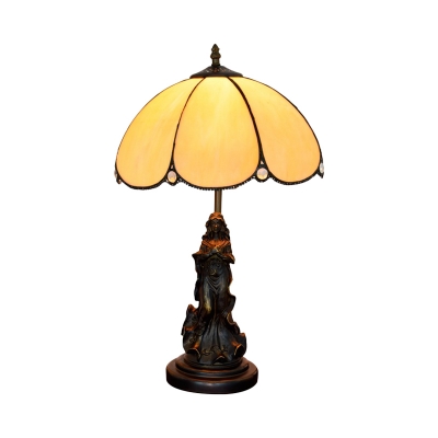 Bronze Scalloped Night Table Light Victorian 1-Light Yellow Glass Desk Lighting with Nymph Design