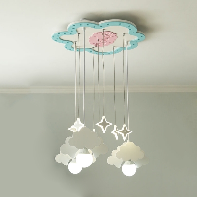 Cartoon Cloud and Star Pendant Wood 3 Bulbs Kids Bedroom Multiple Hanging Light in Blue-White