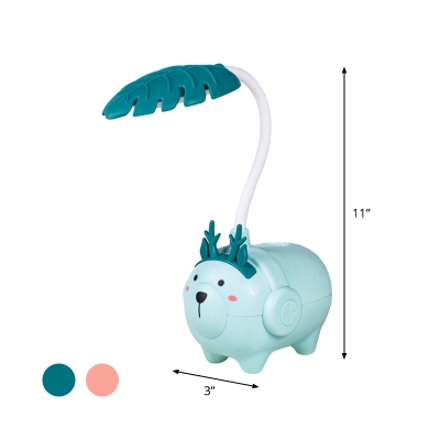 Cartoon Pig/Elk Reading Lamp Plastic LED Bedroom Night Table Lighting with Leaf Shade in Pink/Green