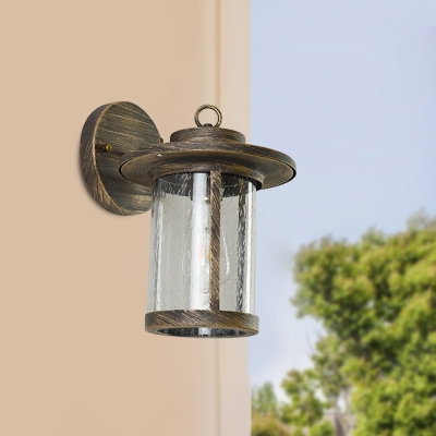 Clear Ripple Glass Cylinder Wall Lamp Traditional 1 Light Outdoor Wall Light Fixture in Bronze