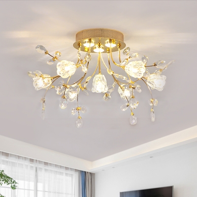 Crystal Floweret Semi Flush Chandelier Contemporary 7 Bulbs Hotel Ceiling Mount Light in Gold