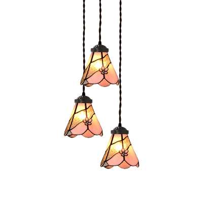 Cut Glass Pink Cluster Pendant Morning Glory/Bowl Shaped 3 Bulbs Tiffany-Style Hanging Ceiling Light