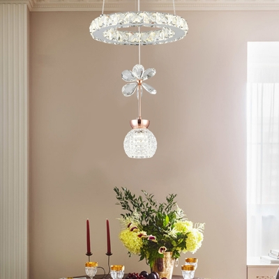 Dome Clear Crystal Drop Pendant Modern Dining Table LED Suspension Light with Flower and Ring Top