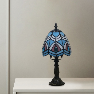 Dome Night Table Lamp 1 Light Stained Art Glass Tiffany Petal/Peacock Tail Patterned Nightstand Lighting in Beige/Pink/Blue