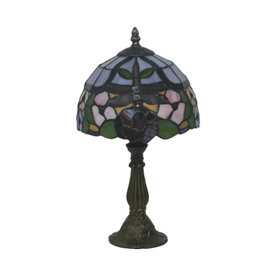 Dome Shade Cut Glass Night Table Lamp Mediterranean 1-Light Red/Orange Dragonfly and Petal Patterned Desk Lighting